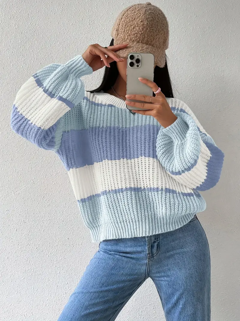 Blue and White Lantern Sleeve Rib Sweater